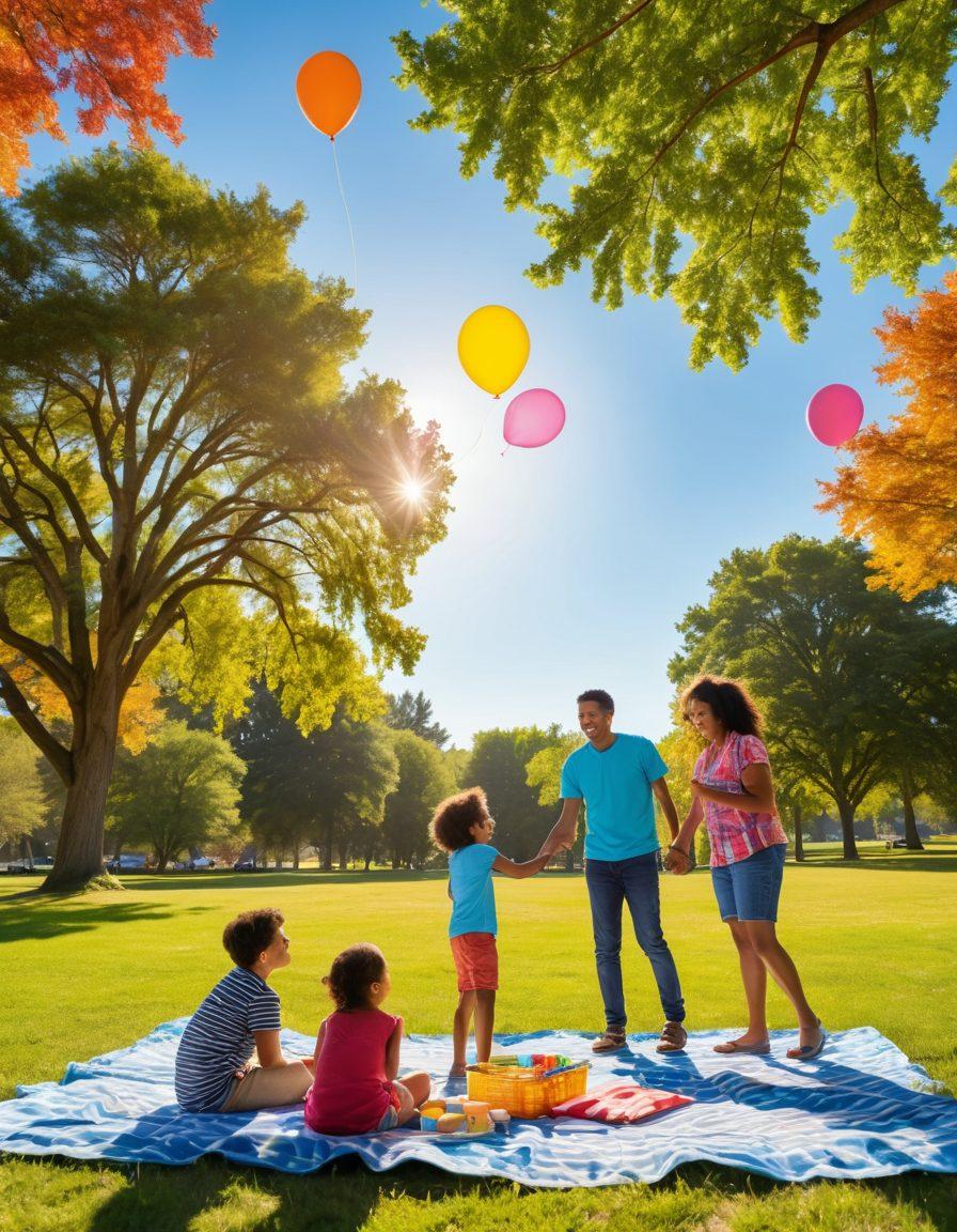A vibrant family reunion in a sunlit park, showcasing diverse families engaging in fun warm-weather activities like kite flying, picnicking, and playing frisbee. Bright colors of balloons and picnic blankets add to the joyful atmosphere, with trees and a clear blue sky in the background. Children laughing and adults sharing stories, creating a sense of togetherness and adventure. super-realistic. vibrant colors. sunny day.