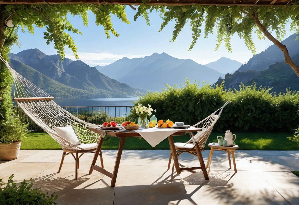 A serene summer retreat scene showcasing a beautifully set outdoor dining area with an elegant table adorned with fresh flowers, fruits, and stylish tableware. Surrounding the table are vibrant green plants, a hammock swaying gently between two trees, and a backdrop of mountains under a clear blue sky. Sunlight filters through the leaves, casting playful shadows. This image should evoke a peaceful, inviting atmosphere for al fresco living and outdoor adventures. super-realistic. vibrant colors. 3D.