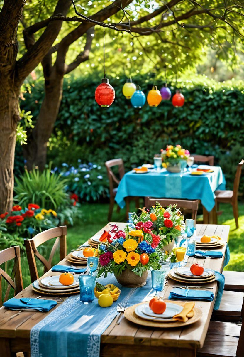 A beautifully set outdoor dining table adorned with vibrant summer flowers, colorful tableware, and delicious seasonal dishes like fresh salads and grilled vegetables. In the background, a serene garden with soft lighting, hanging lanterns, and tasteful décor reflects a festive summer holiday ambiance. Bright blue skies and green trees complete the idyllic setting. super-realistic. vibrant colors. natural light.
